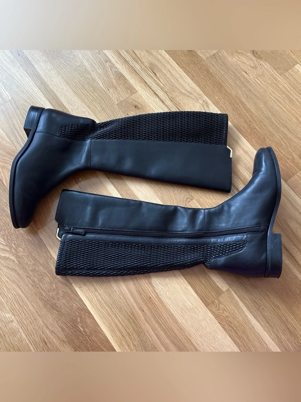 Cole Haan Black Leather Knee-High Boots with Textile Panels
